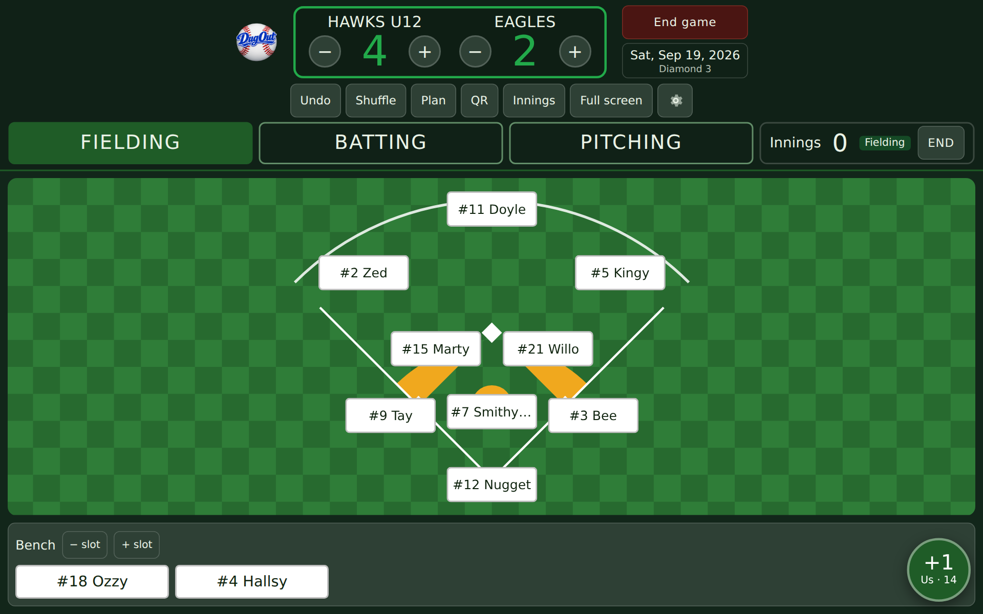 DugOut's field board on a tablet: players' names on each position of the diamond, the score at the top and the bench underneath.