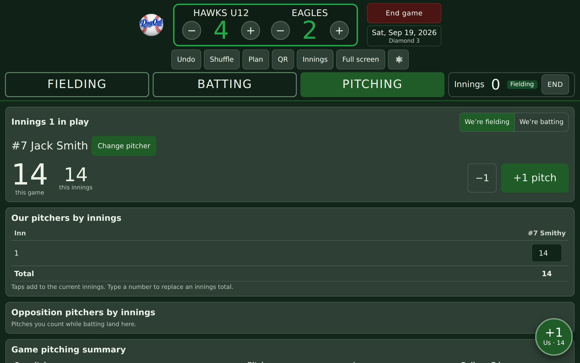 The pitching screen showing this game's pitch count, innings totals and a pitching summary.